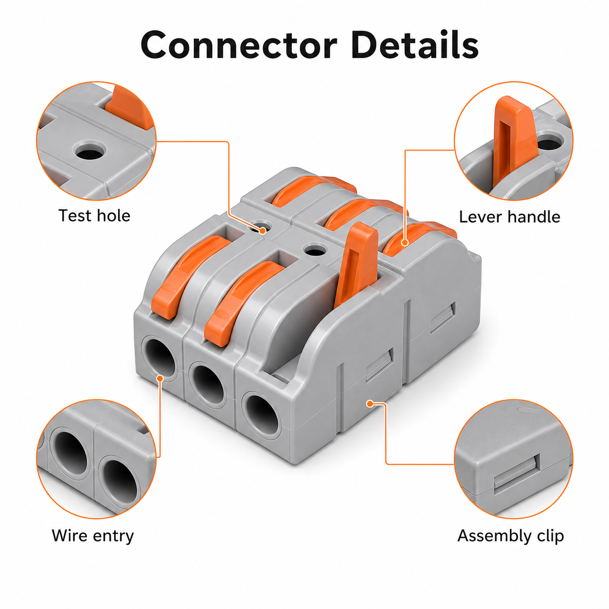 Connector detail callouts for test hole lever handle wire entry and assembly clip