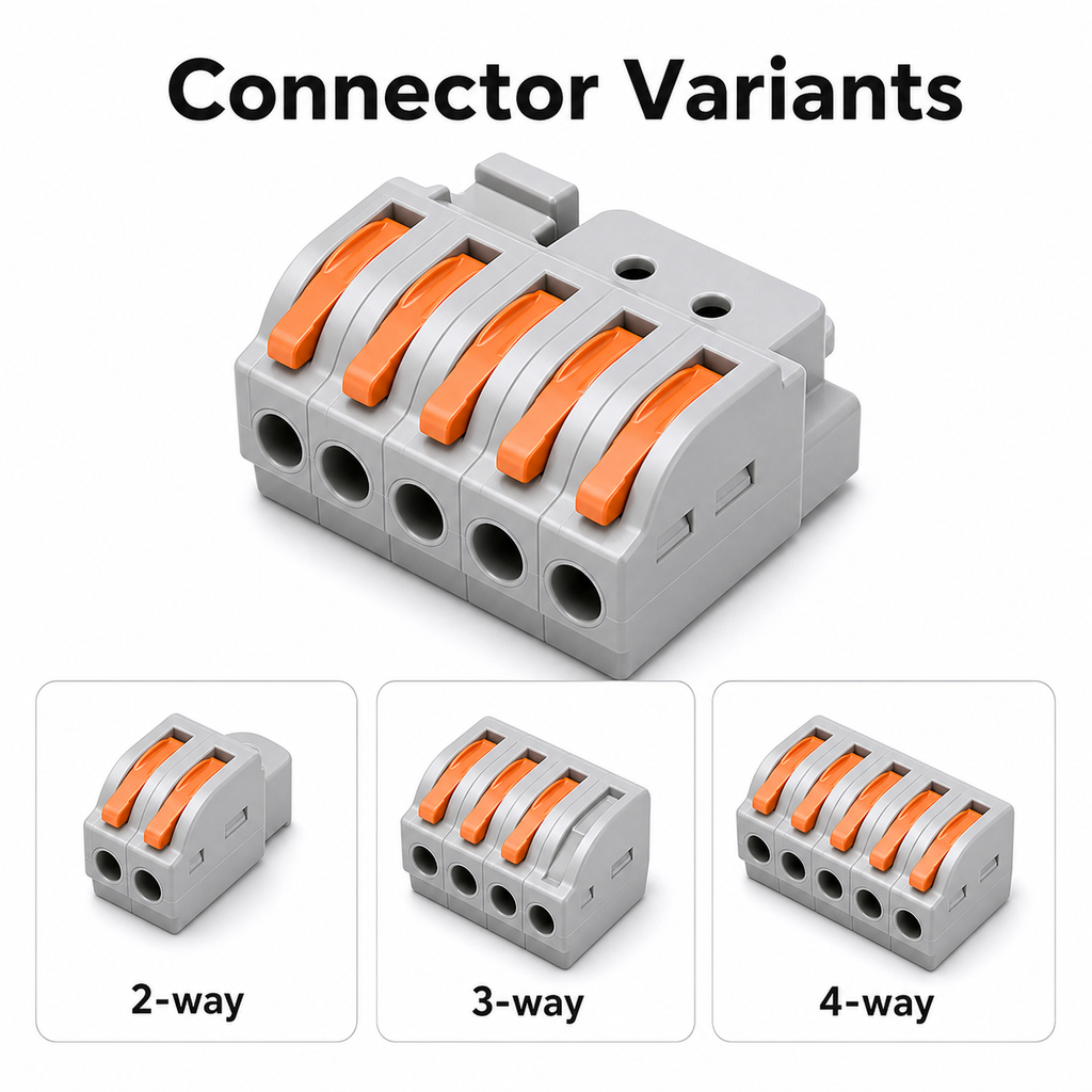 Connector variants showing 2-way 3-way and 4-way quick wire connectors