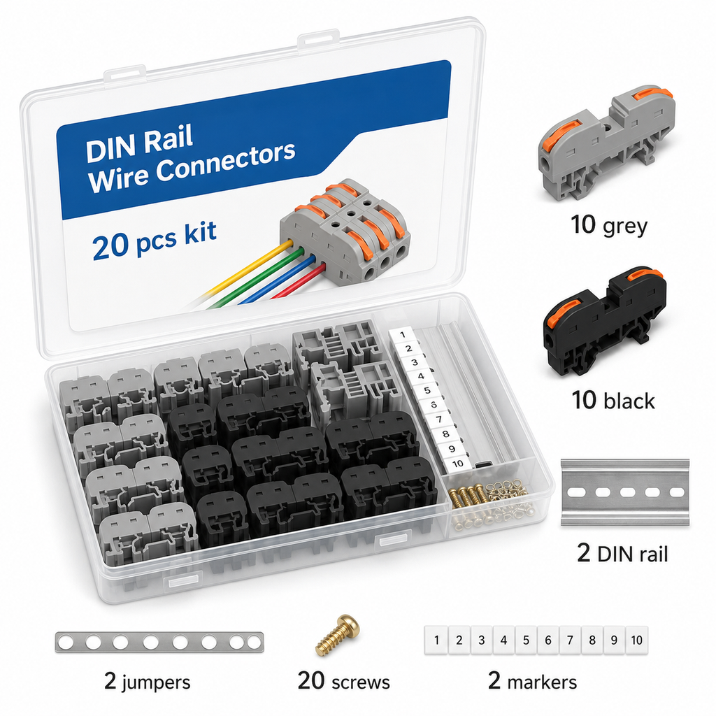 20 piece DIN rail wire connector kit in clear organizer case