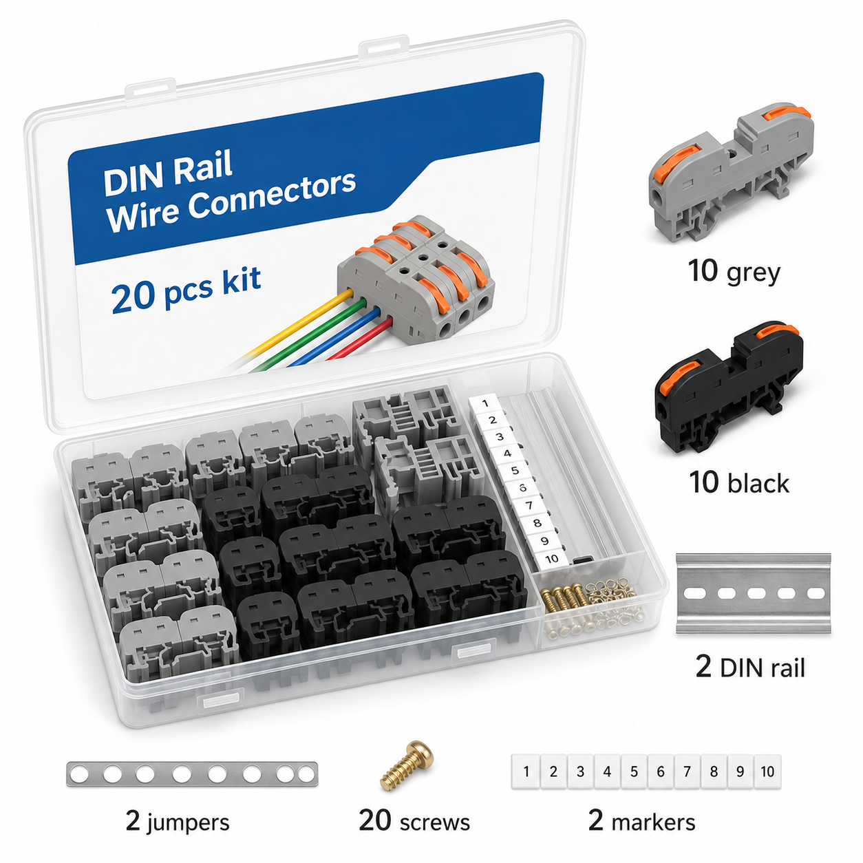 20 piece DIN rail wire connector kit in clear organizer case