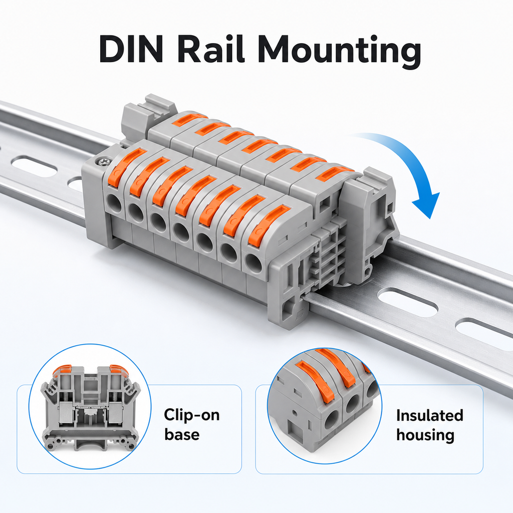 DIN rail mounting detail for quick wire connector with clip-on base