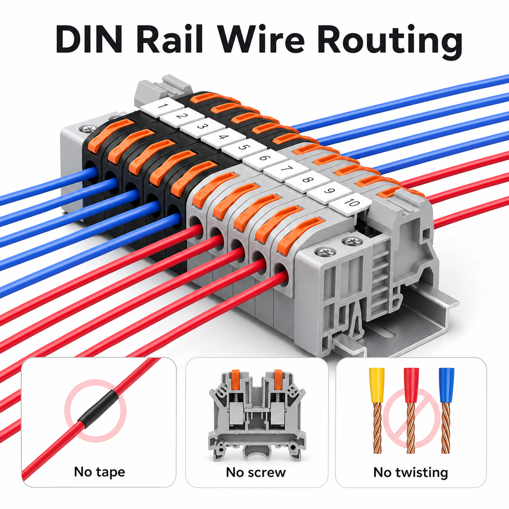 DIN rail wire routing through terminal strip with no tape no screw and no twisting labels