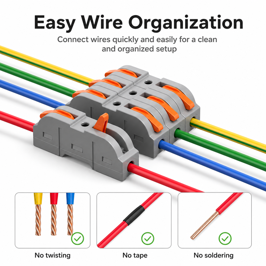 Quick wire connectors organizing red blue green and yellow wires