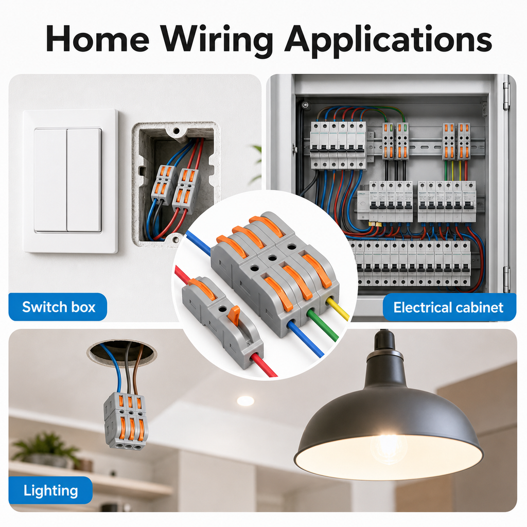 Home wiring applications for quick wire connector in switch box lighting and electrical cabinet
