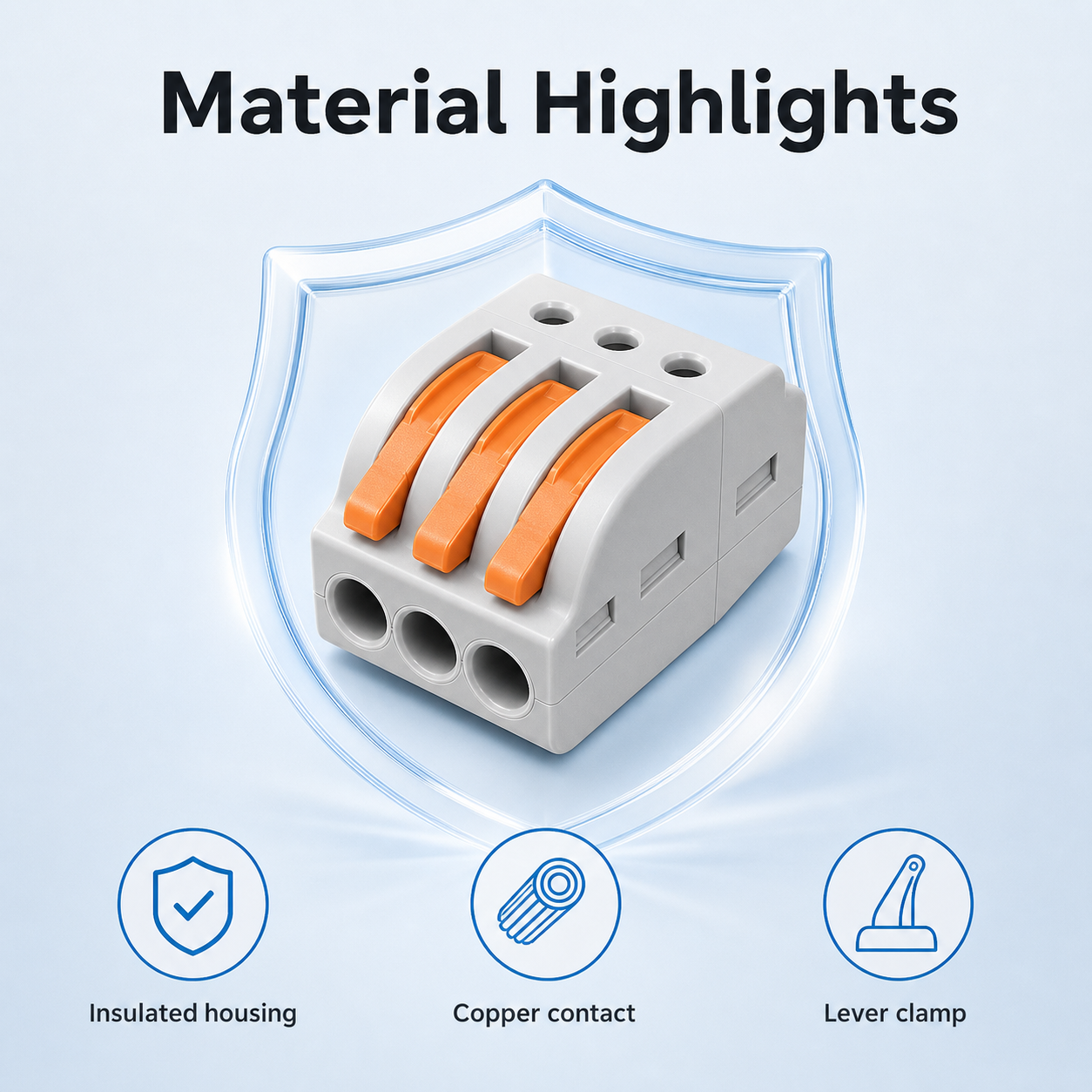 Material highlights for compact quick wire connector with insulated housing and copper contact