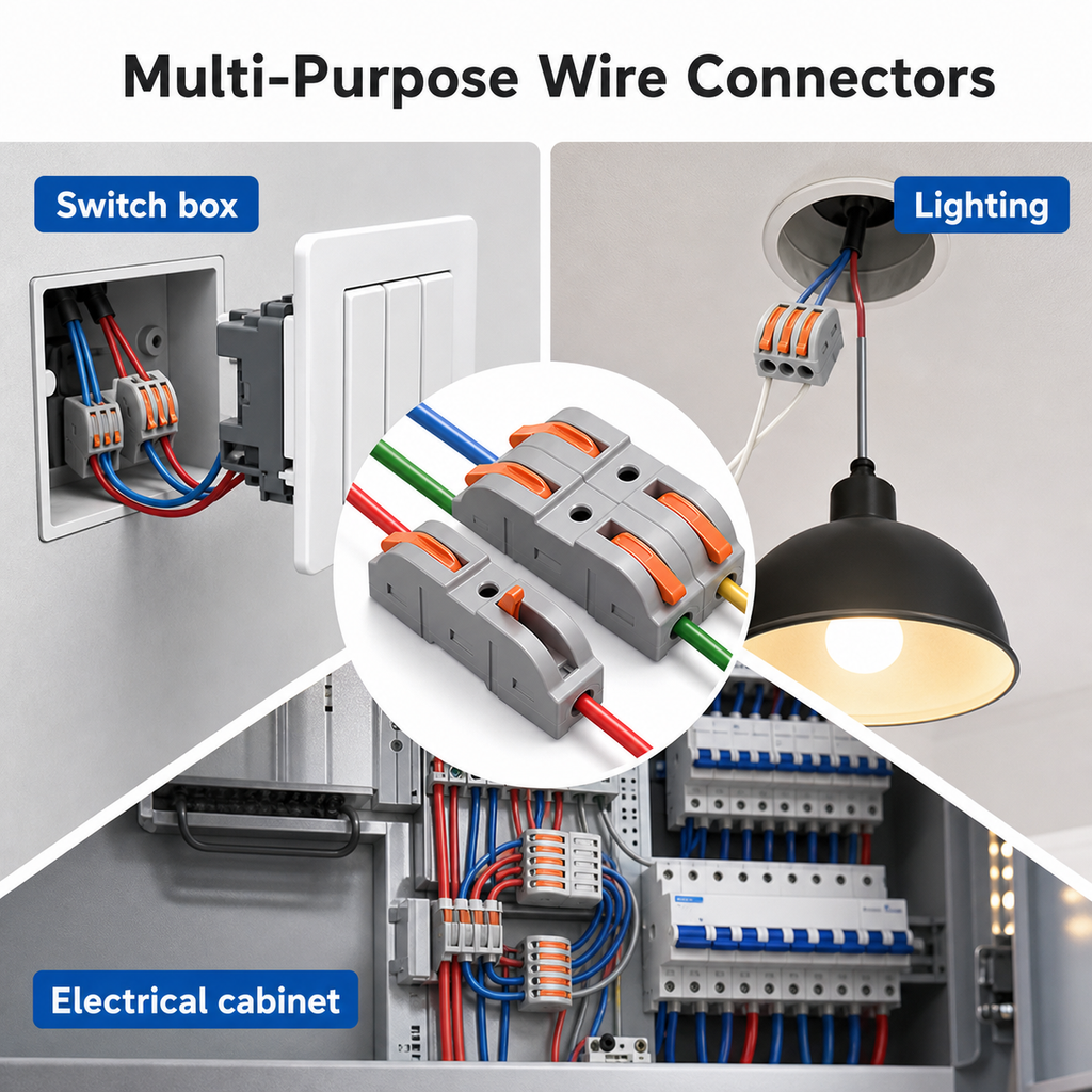Multi-purpose wire connectors for switch box lighting and electrical cabinet applications