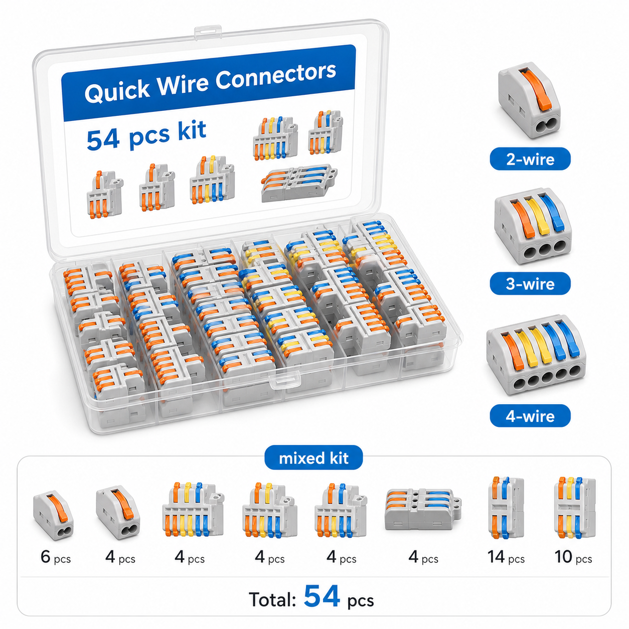54 piece quick wire connector mixed kit in clear organizer case