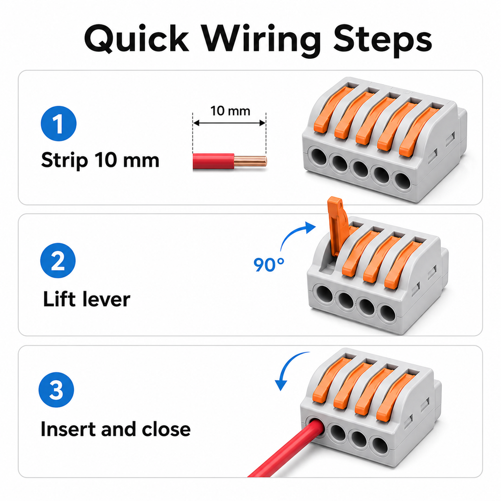 Quick wiring steps for multi-output connector with lever clamp