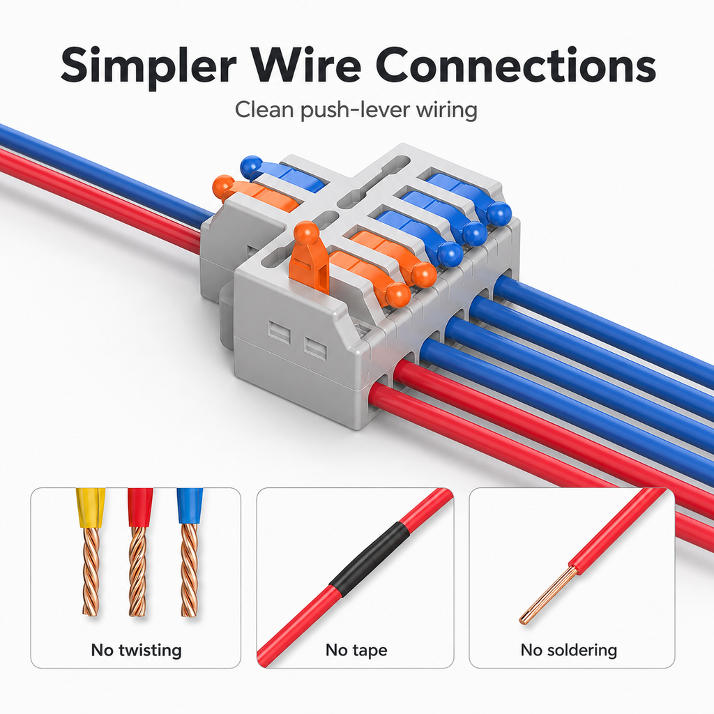 Simplified wire connection using grey quick connector with orange and blue levers