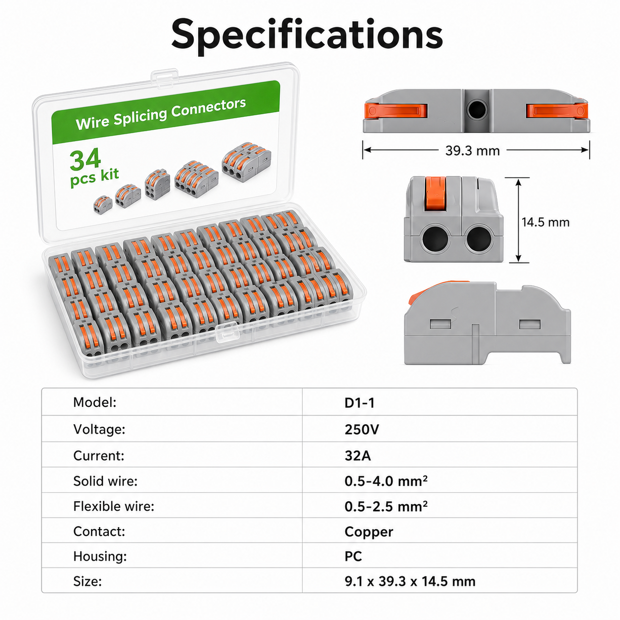 Specifications image for 34 piece wire splicing connector kit