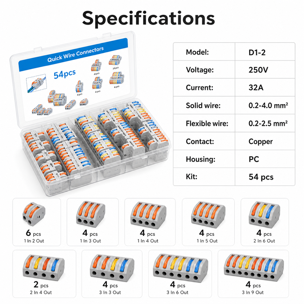 Specifications image for 54 piece quick wire connector kit