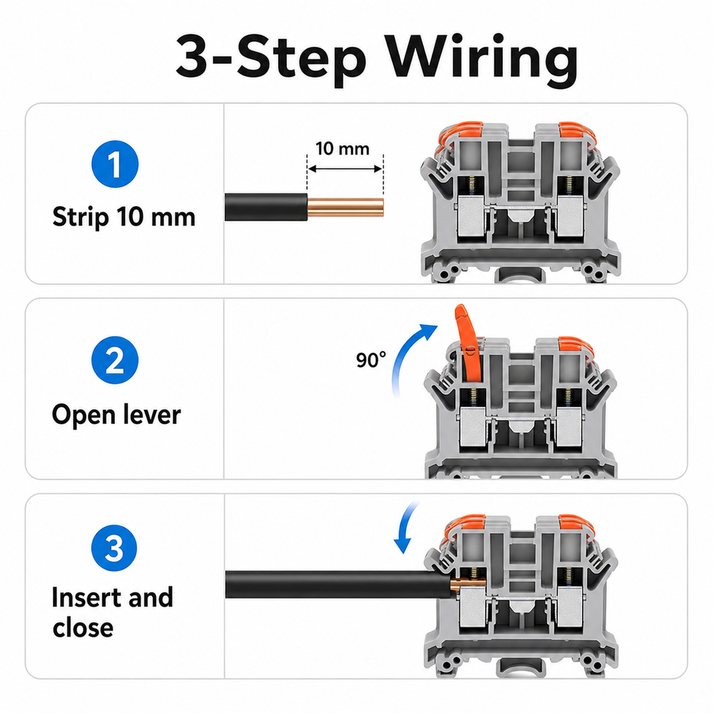 Three-step wiring guide for DIN rail quick connector