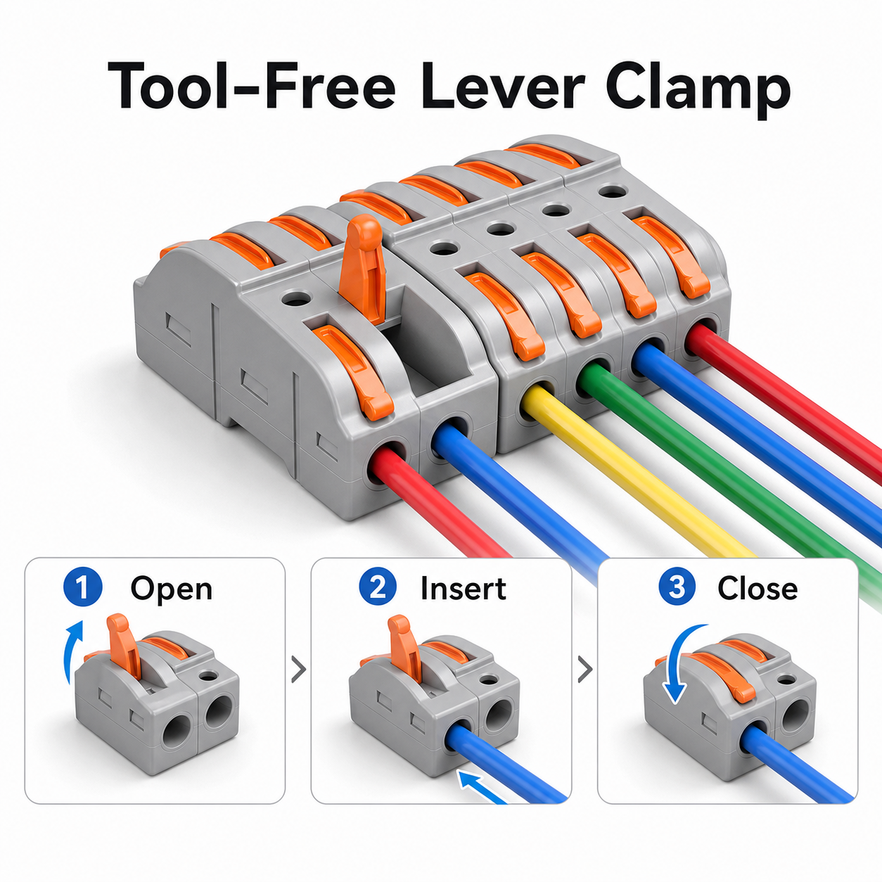 Tool-free lever clamp detail for quick wire connector with colored wires