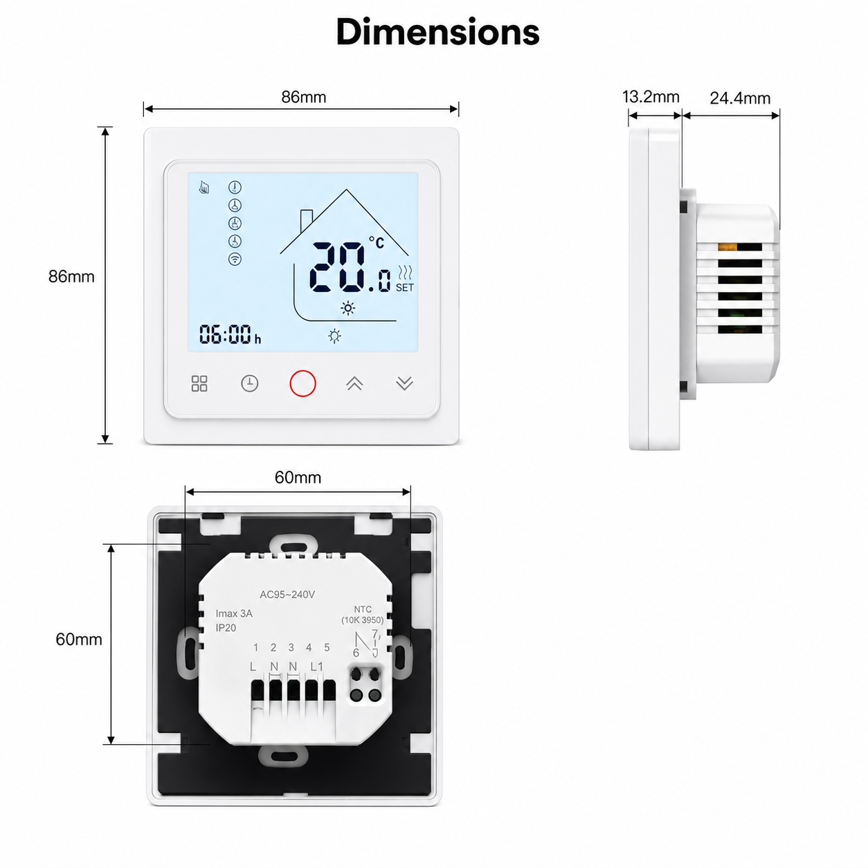 NéoControl Comfort thermostat dimensions and rear module image