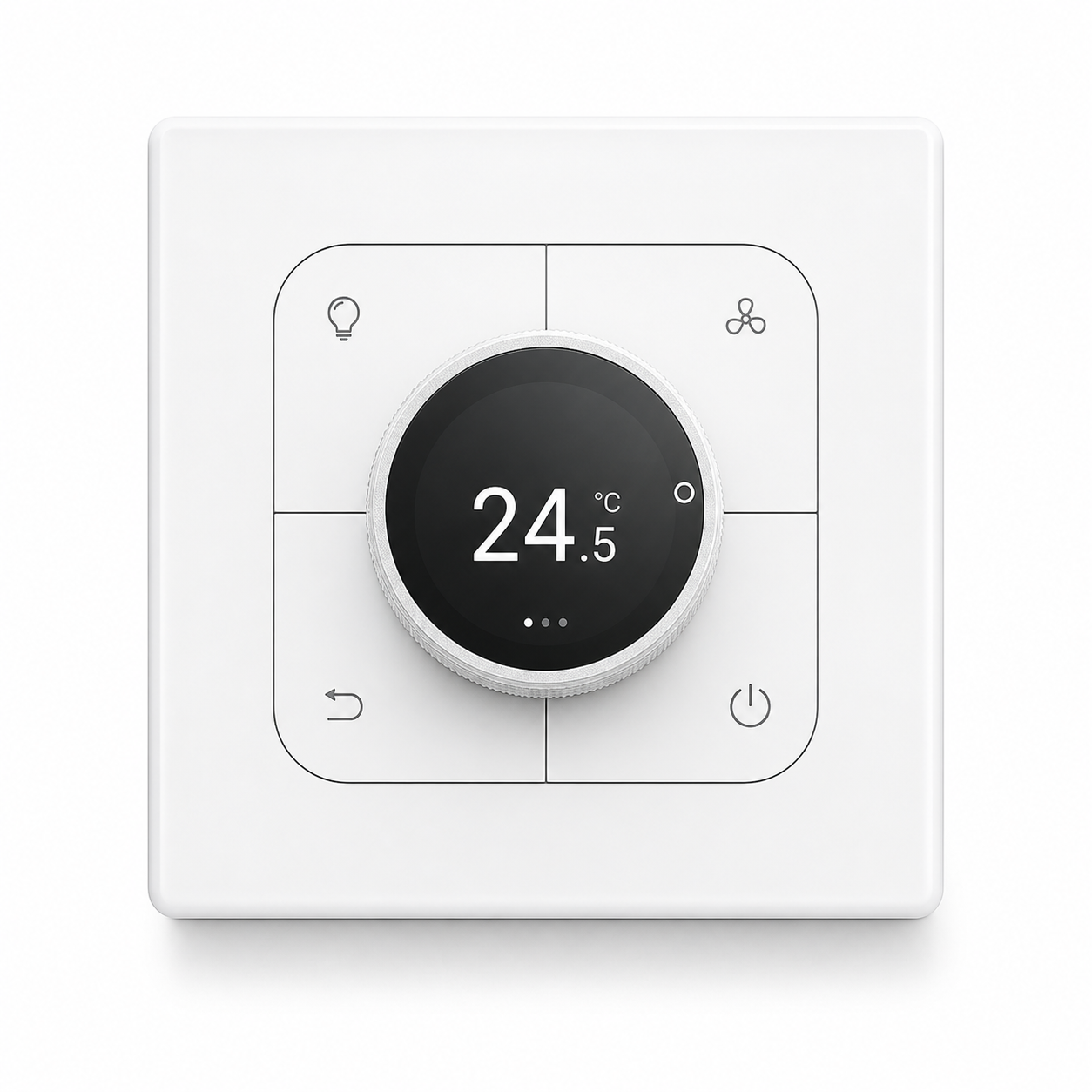 White four-button wall control with central rotary display on a clean white studio background