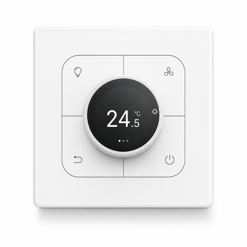 White four-button wall control with central rotary display on a clean white studio background