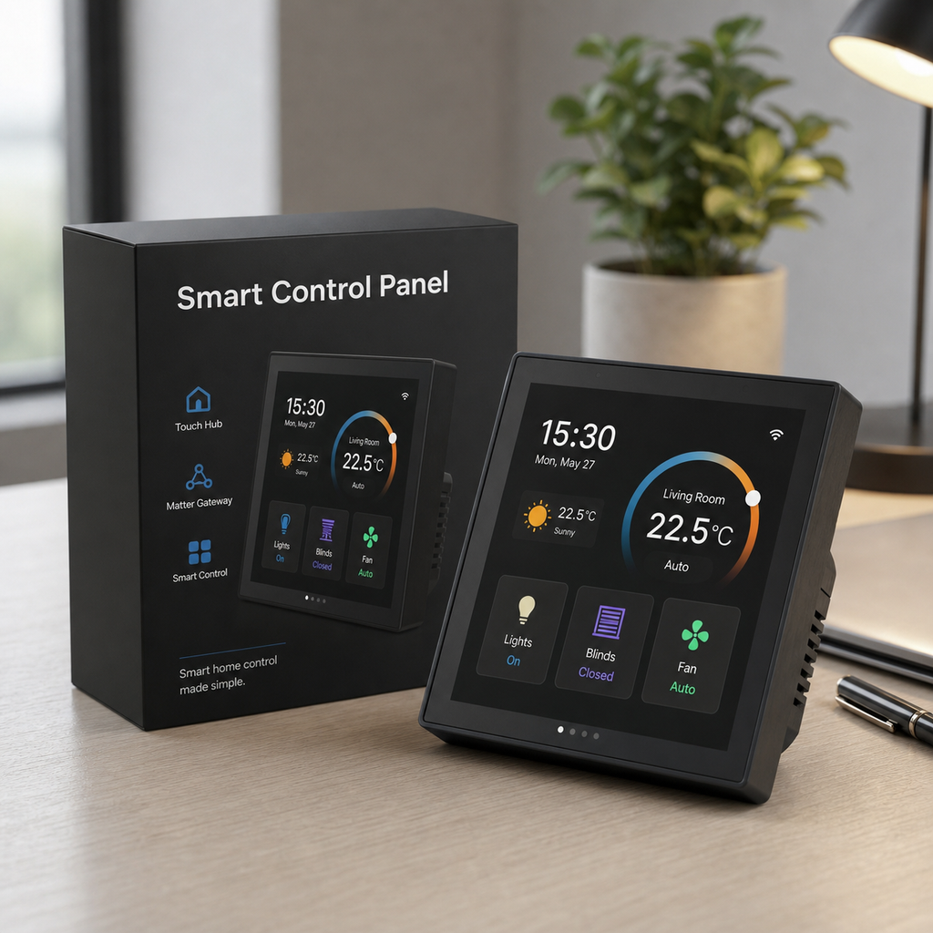 Black NéoControl Hub Pro smart control panel with clean retail packaging on a modern desk