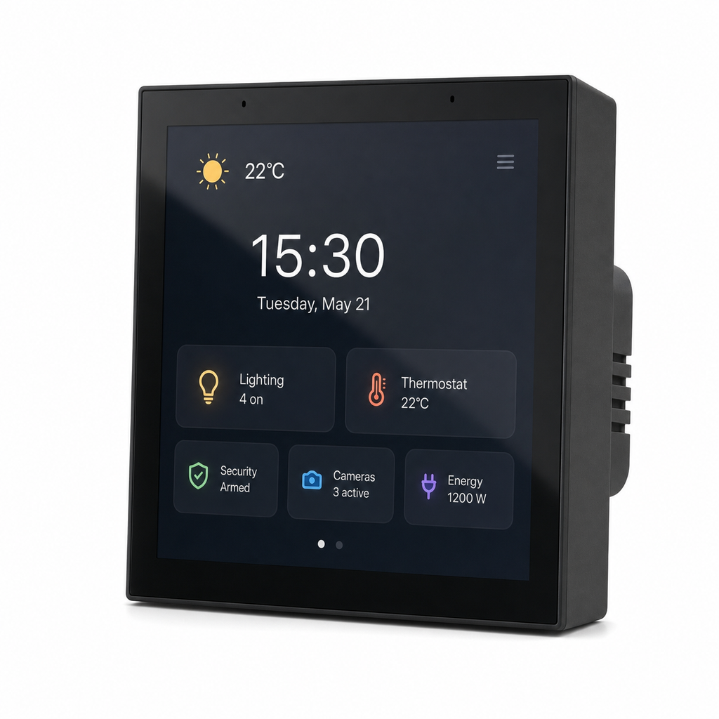 Black smart home touchscreen hub on a clean white studio background