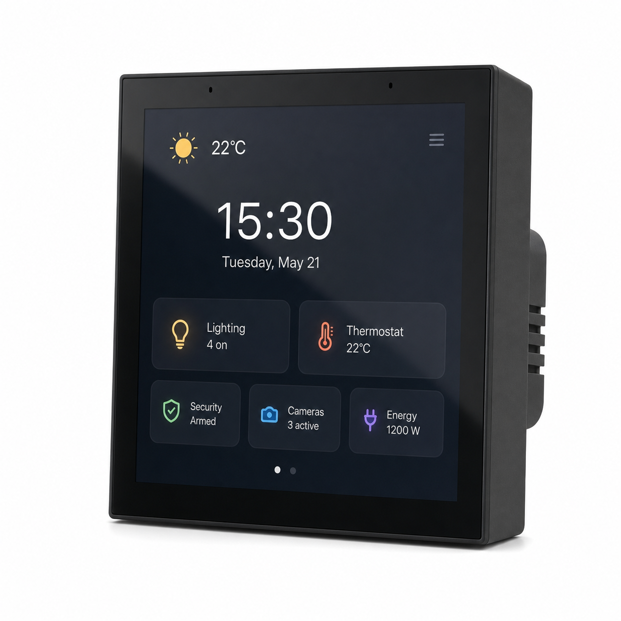 Black smart home touchscreen hub on a clean white studio background