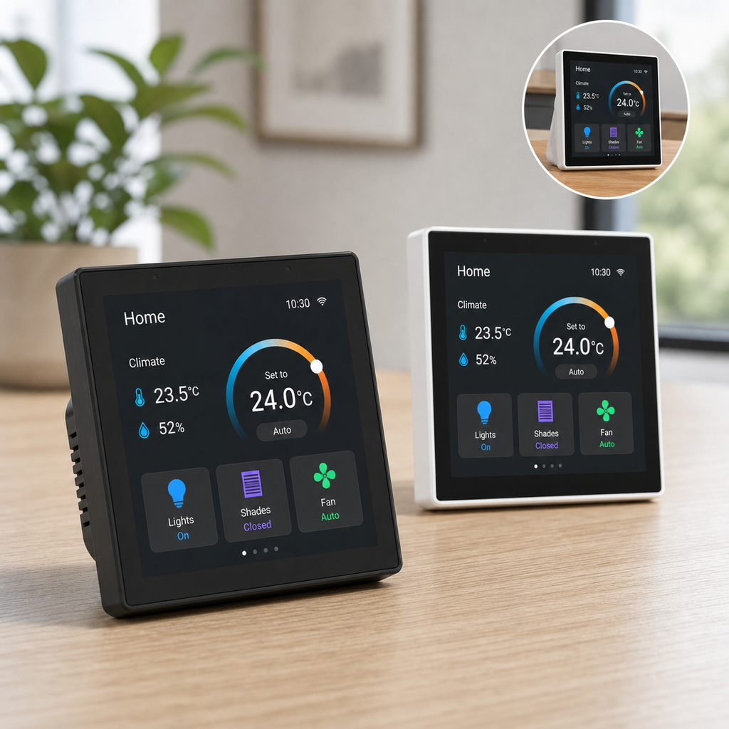 Black and white NéoControl Hub Pro touchscreen variants shown on a modern desk