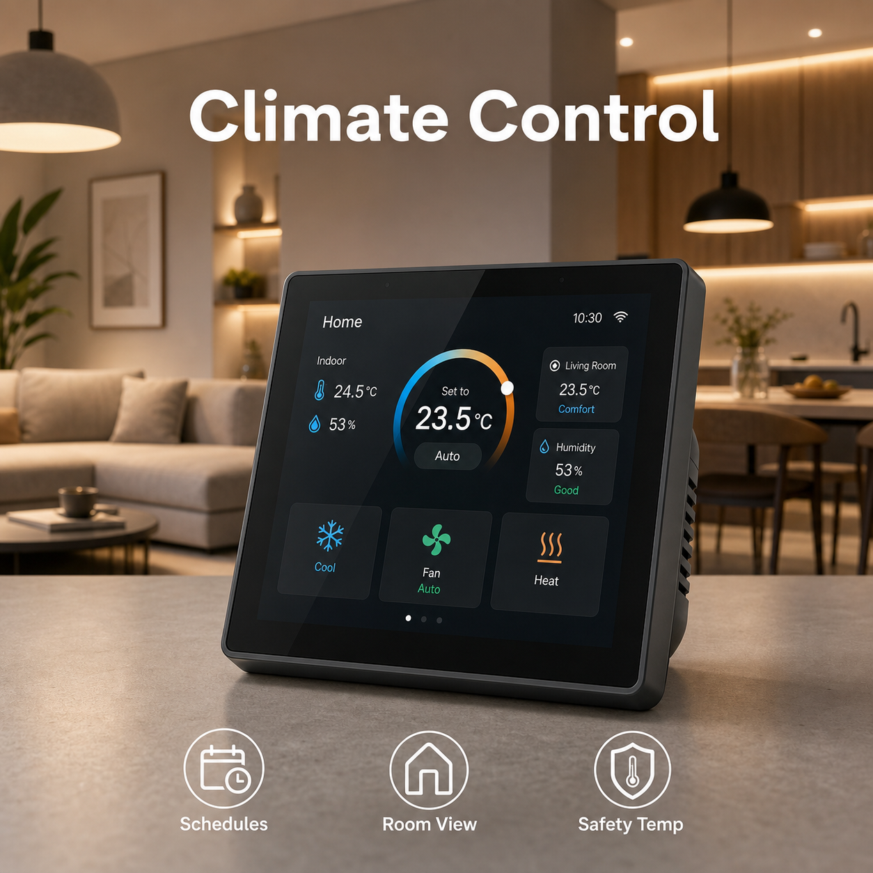 Climate control feature image for NéoControl Hub Pro with schedules, room view and safety temperature labels