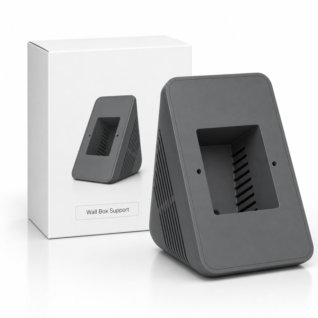 Dark gray wall box support accessory for NéoControl Hub Pro with clean packaging
