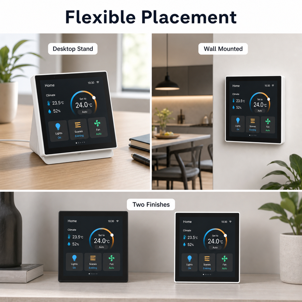 Flexible placement feature image for NéoControl Hub Pro showing desktop stand, wall mount and two finishes