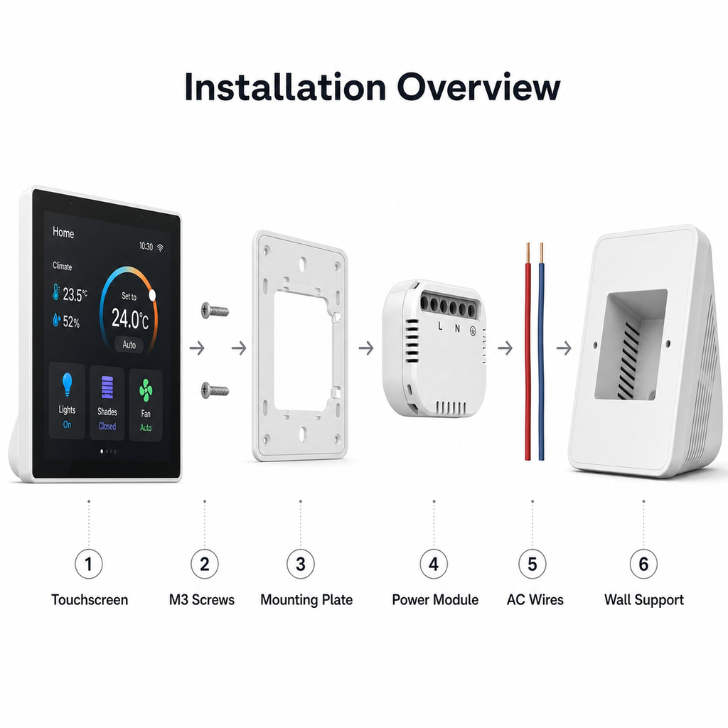 Installation overview diagram for NéoControl Hub Pro with touchscreen, mounting plate, power module and wall support