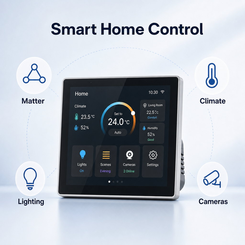 Smart home control feature image for NéoControl Hub Pro with Matter, climate, lighting and camera labels