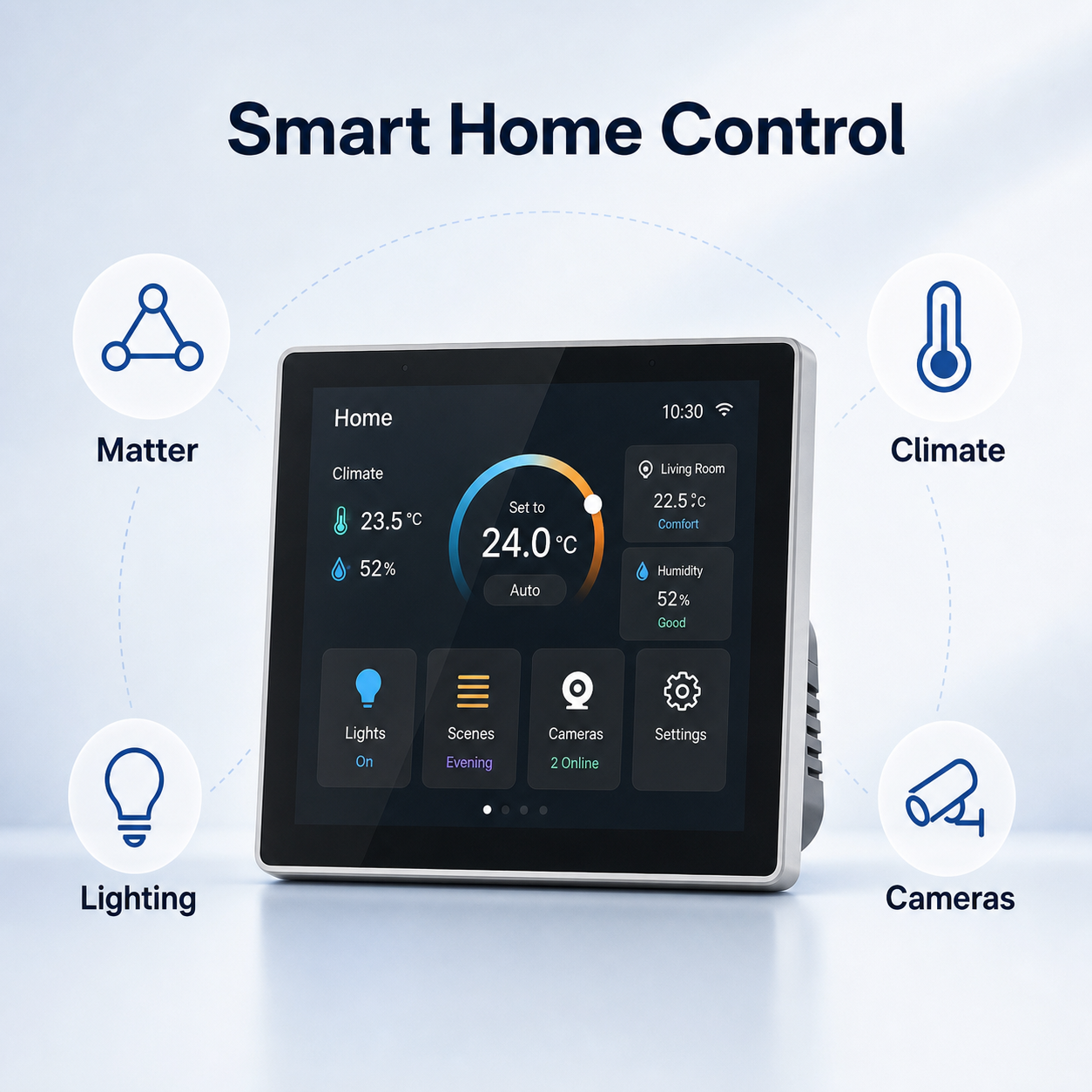 Smart home control feature image for NéoControl Hub Pro with Matter, climate, lighting and camera labels