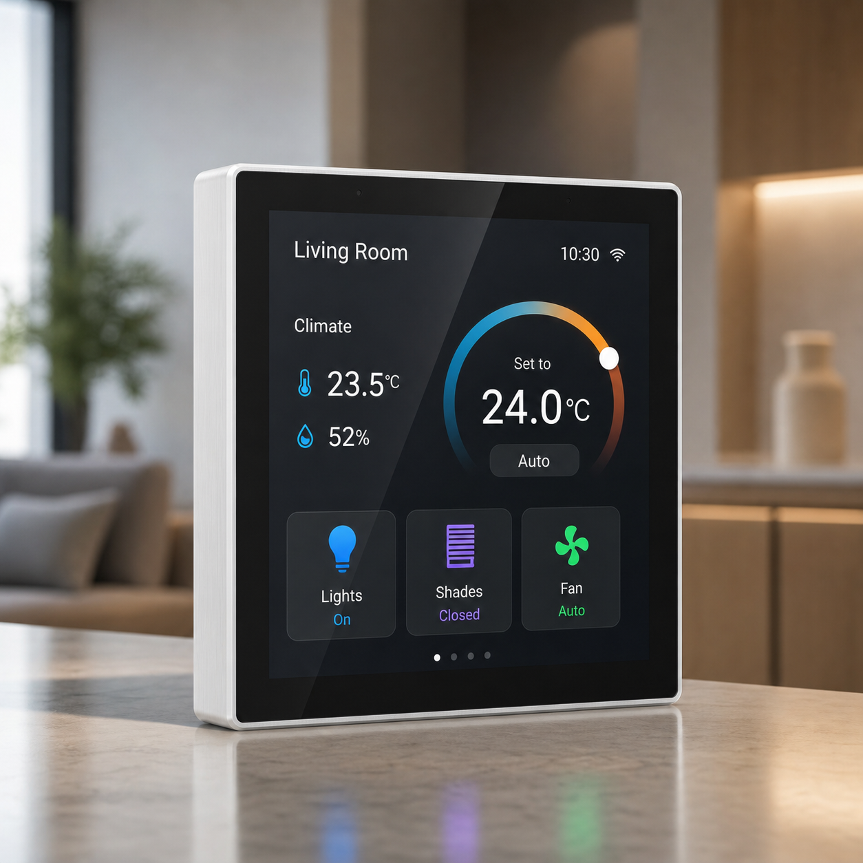 Close-up NéoControl Hub Pro touchscreen with generic climate and lighting control interface
