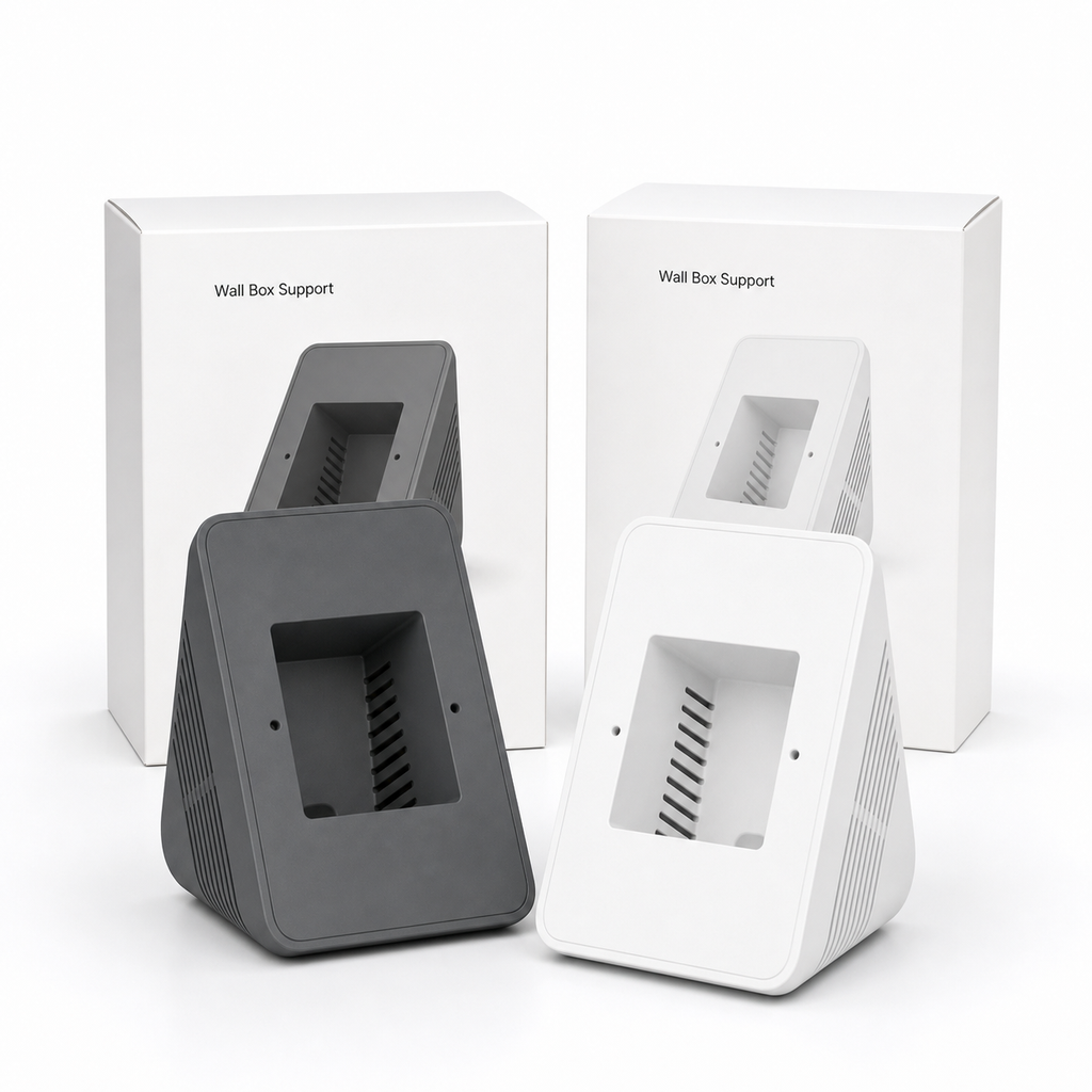 Wall box support packaging with dark gray and white support accessories for NéoControl Hub Pro