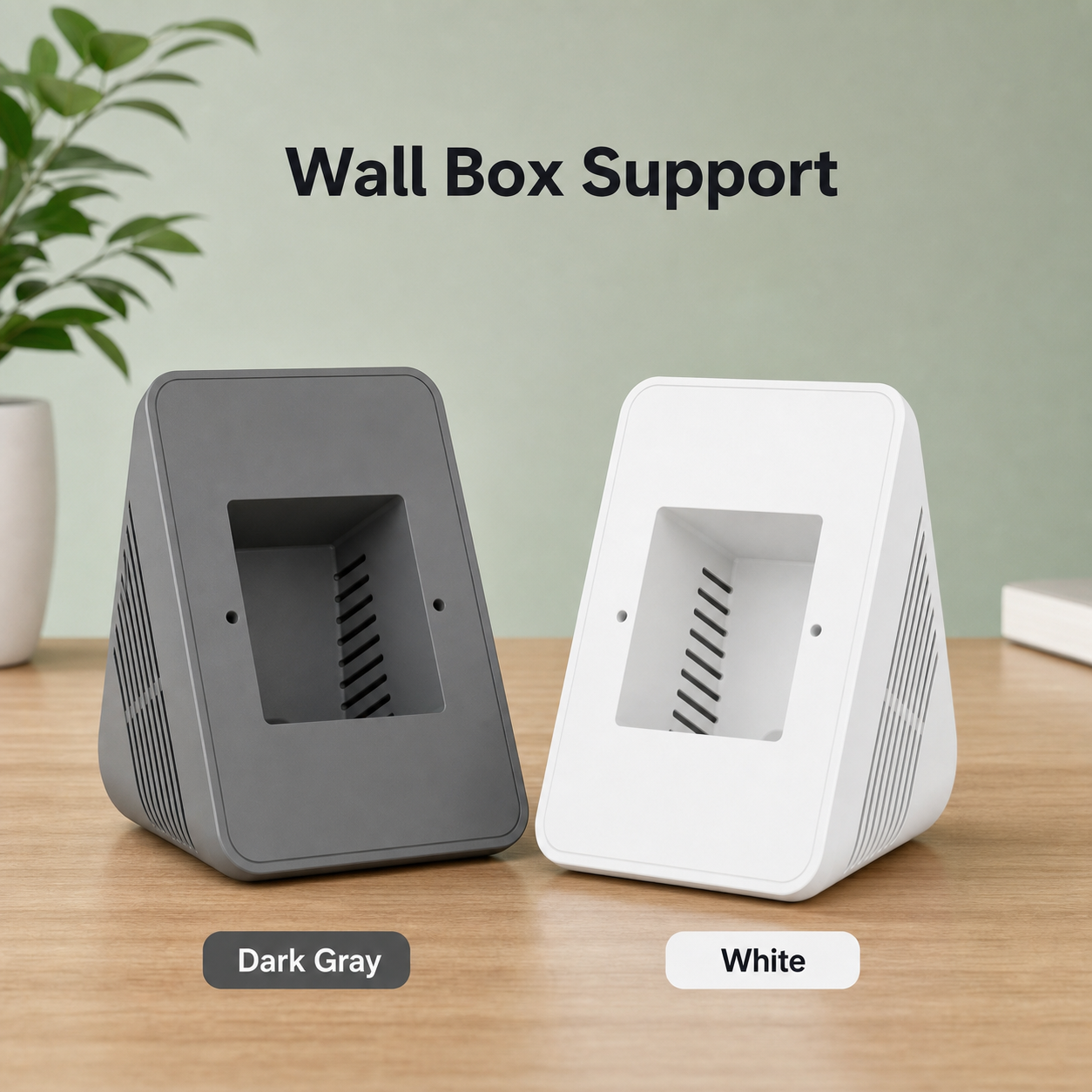 Dark gray and white wall box support variants for NéoControl Hub Pro shown on a modern desk