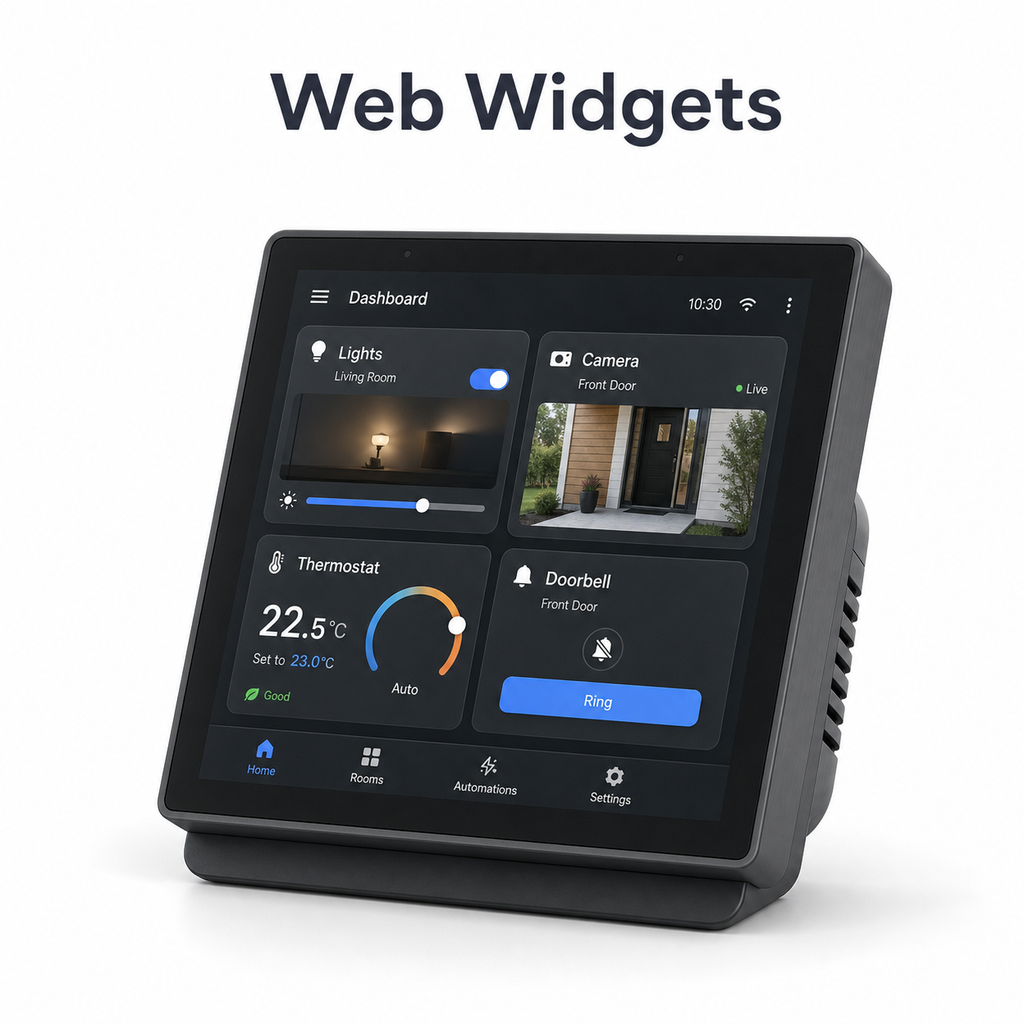Web widgets dashboard on NéoControl Hub Pro touchscreen with lights, camera, thermostat and doorbell cards