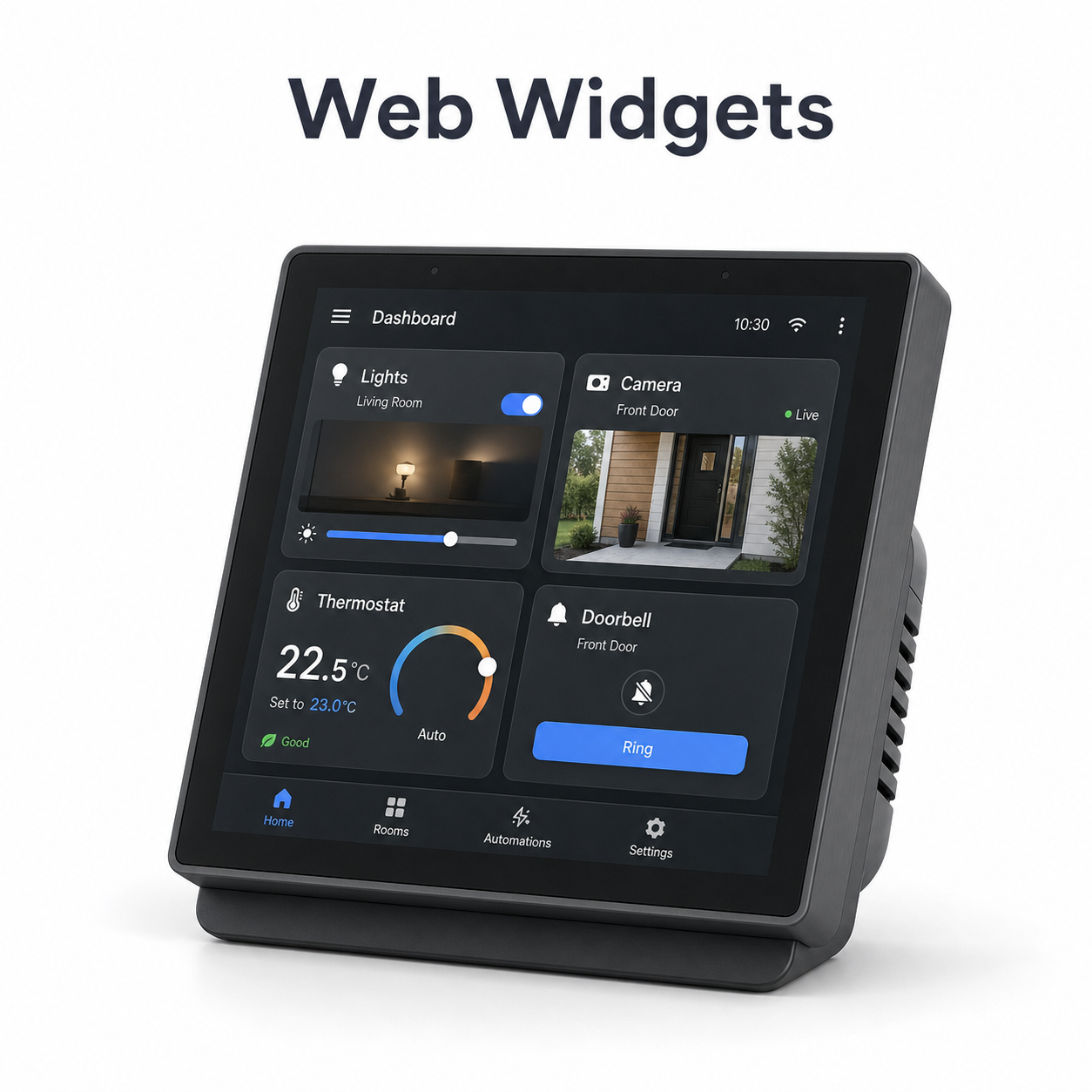 Web widgets dashboard on NéoControl Hub Pro touchscreen with lights, camera, thermostat and doorbell cards