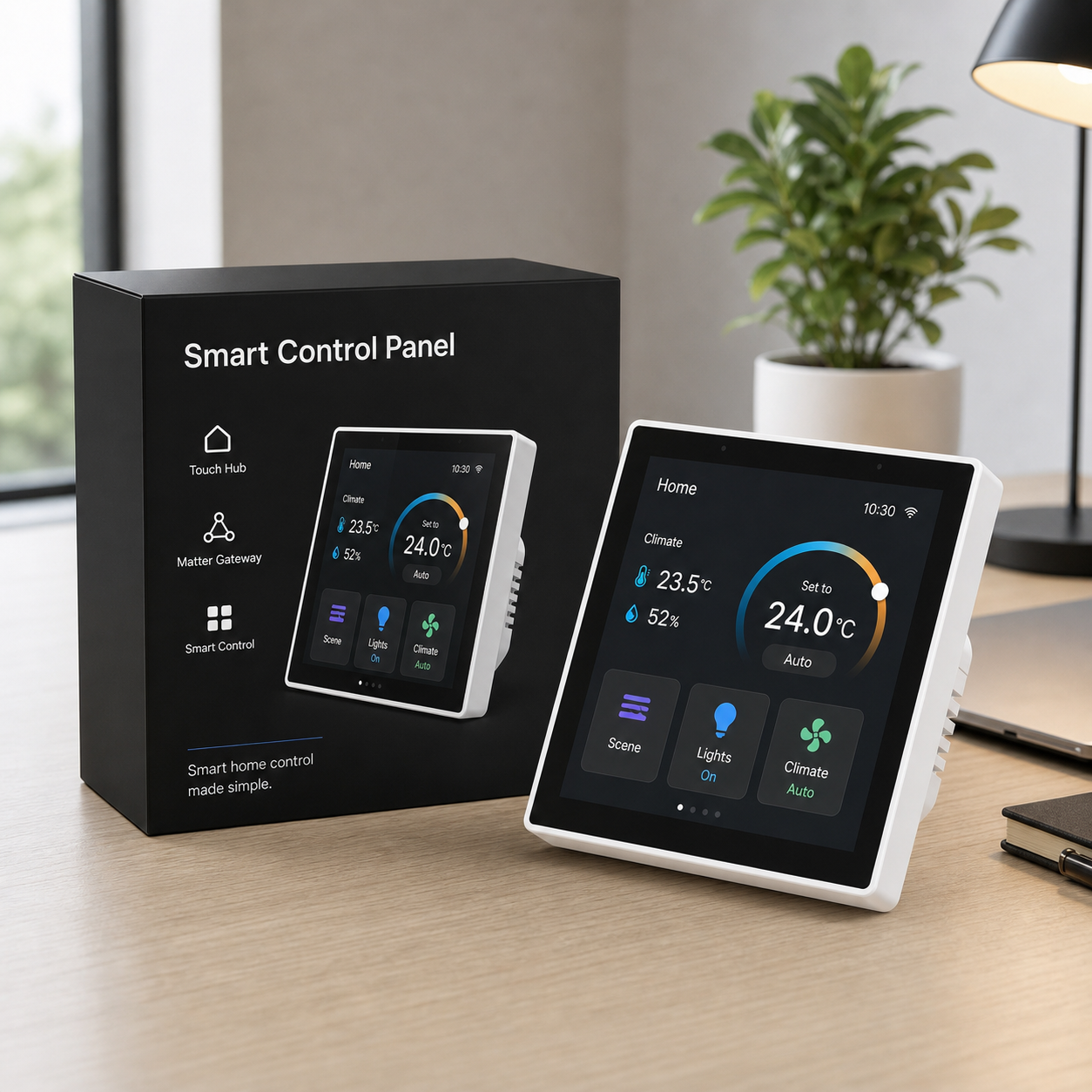 NéoControl Hub Pro Blanc Pur avec packaging sur bureau