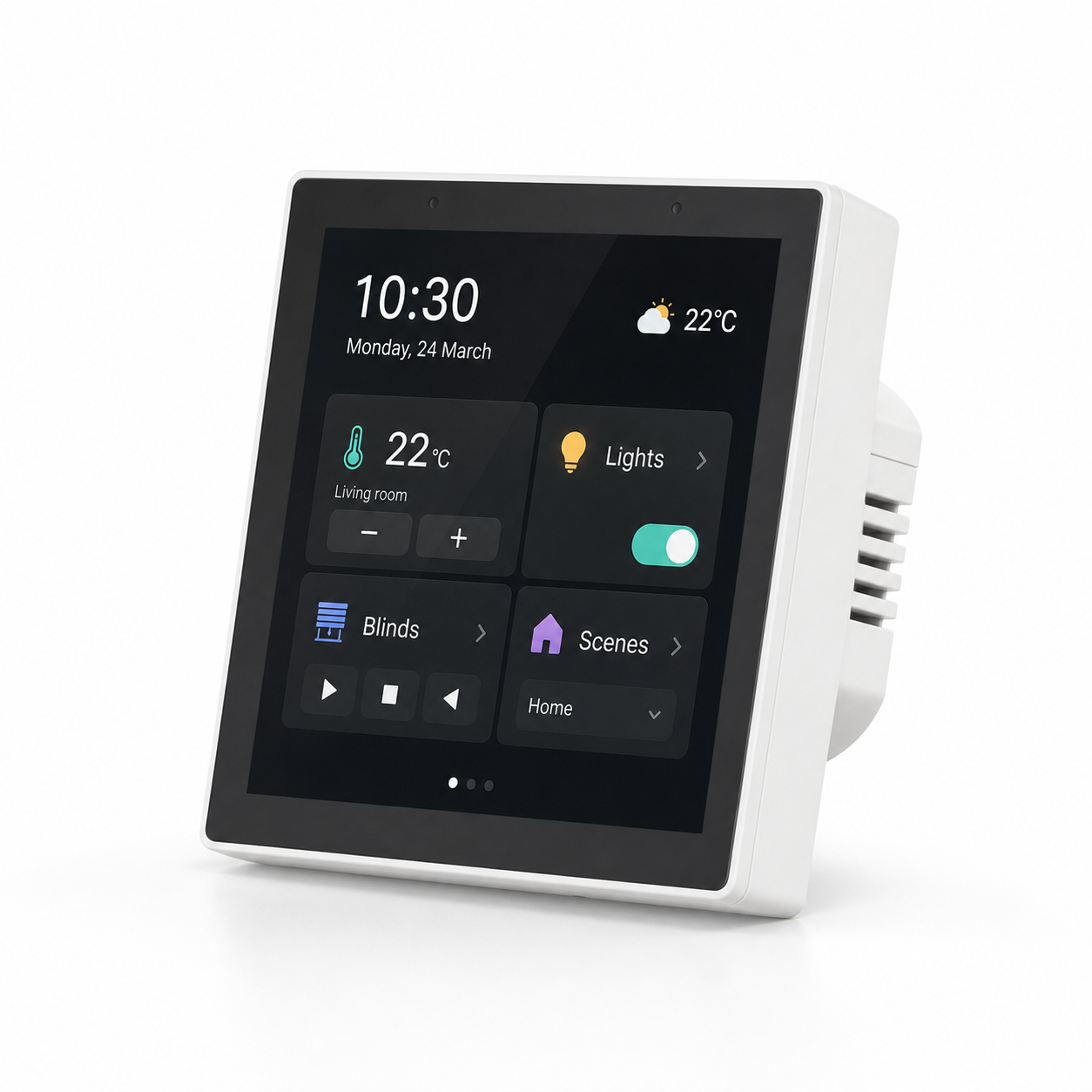 White smart home touchscreen hub on a clean white studio background