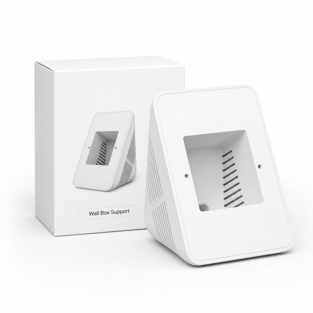 White wall box support accessory for NéoControl Hub Pro with clean packaging on a white studio background
