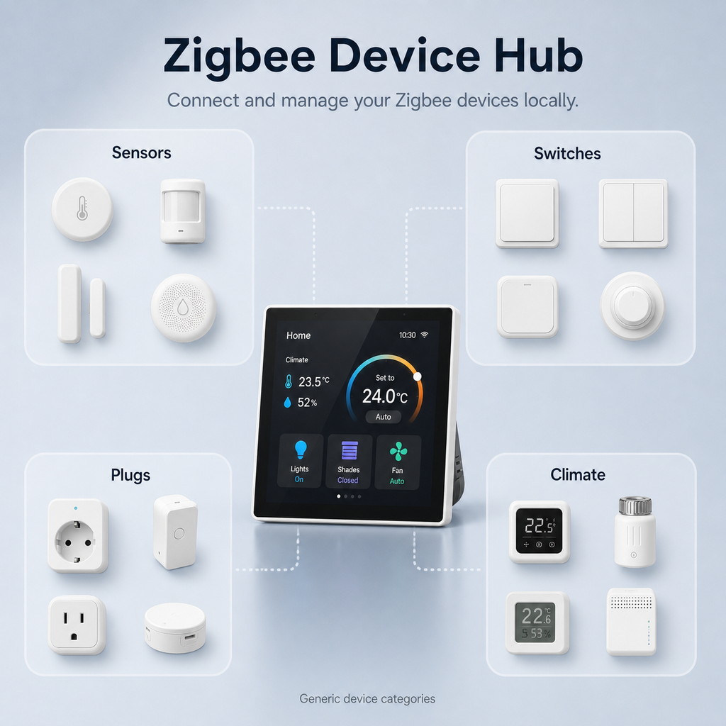 Zigbee device hub overview for NéoControl Hub Pro with generic sensors, switches, plugs and climate categories