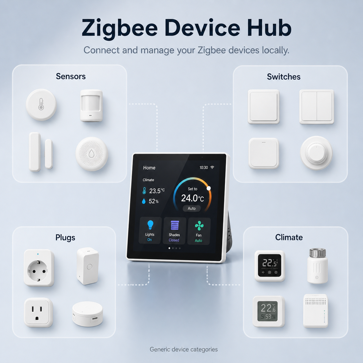 Zigbee device hub overview for NéoControl Hub Pro with generic sensors, switches, plugs and climate categories