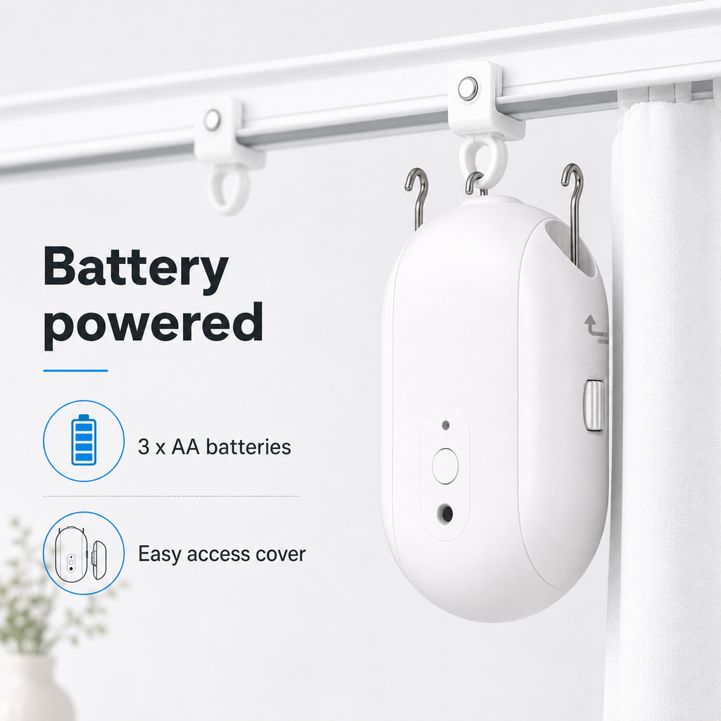 Battery powered smart curtain robot with 3 AA battery callout