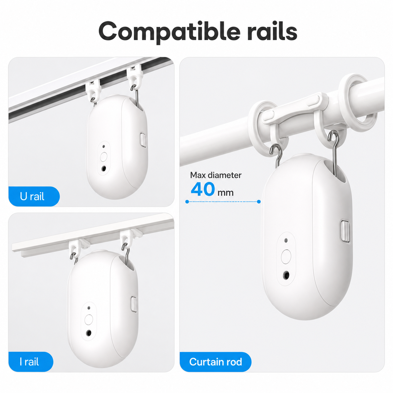 Compatible rail guide for smart curtain robot with U rail I rail and curtain rod