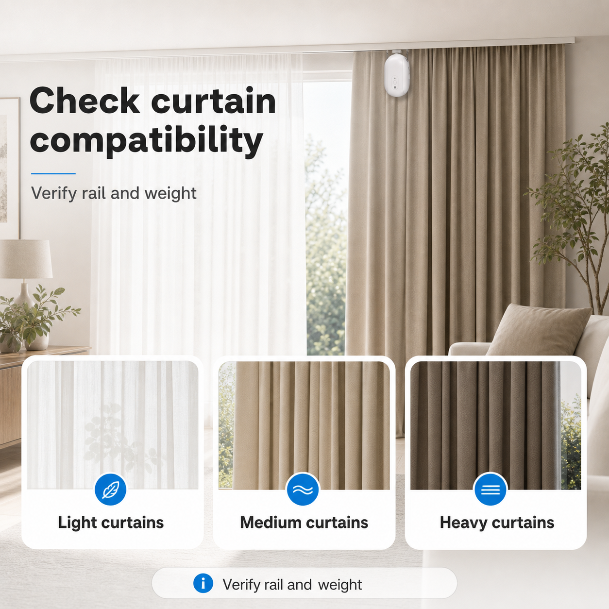 Curtain compatibility guide encouraging rail and curtain weight verification