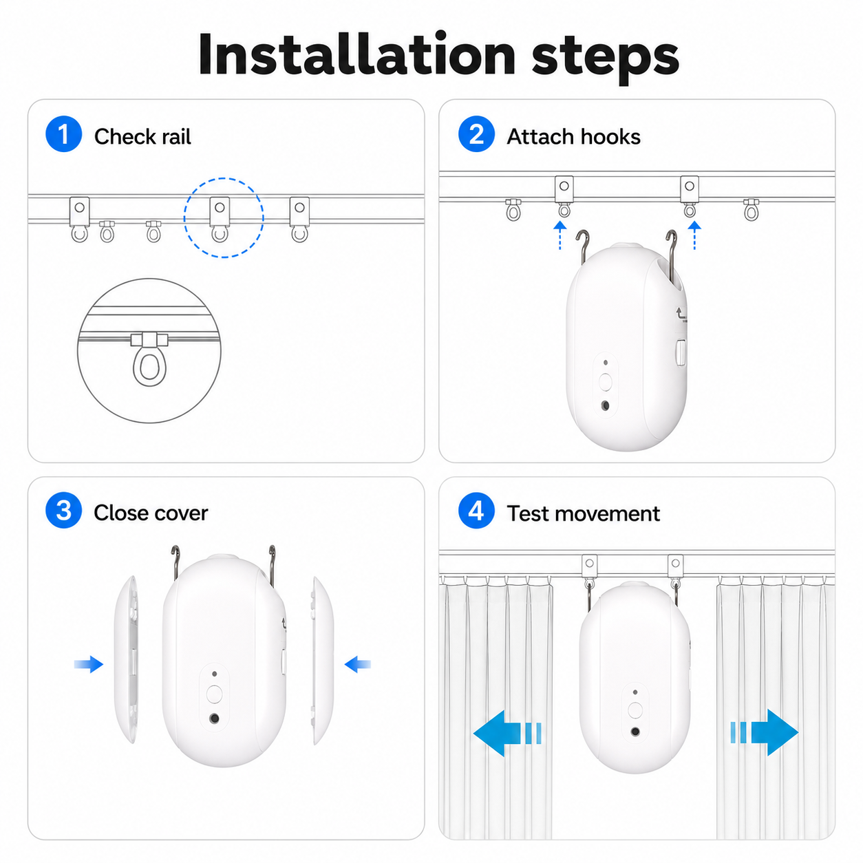 Four step installation guide for smart curtain robot on curtain rail