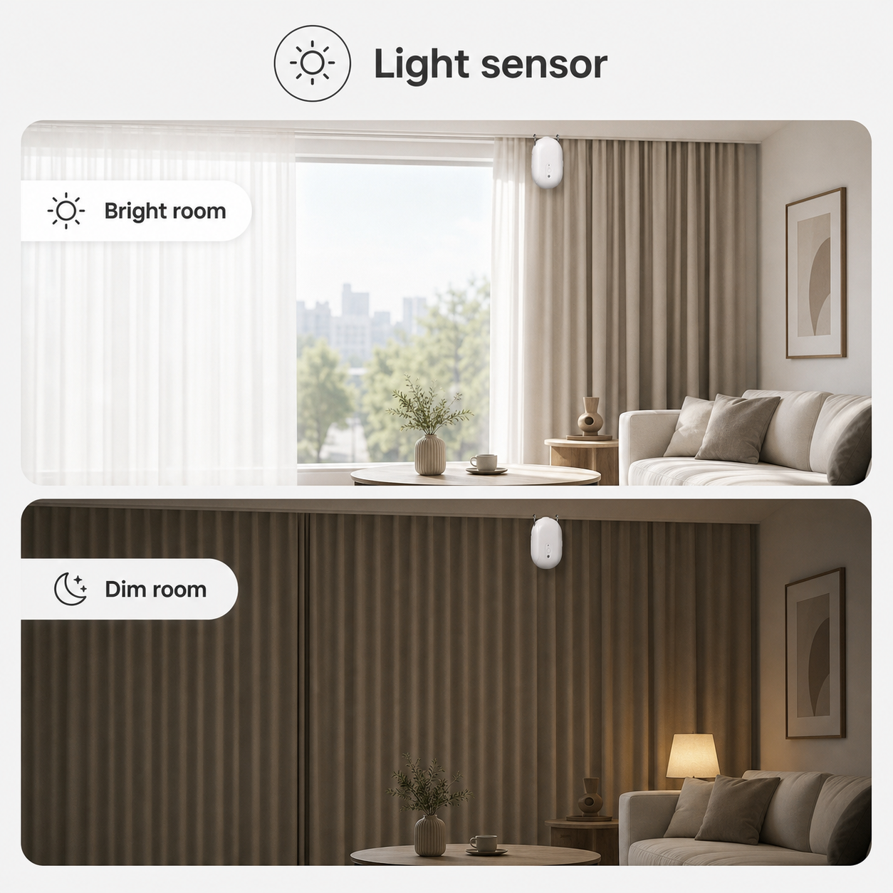 Light sensor scenes showing curtain robot with bright and dim room curtains