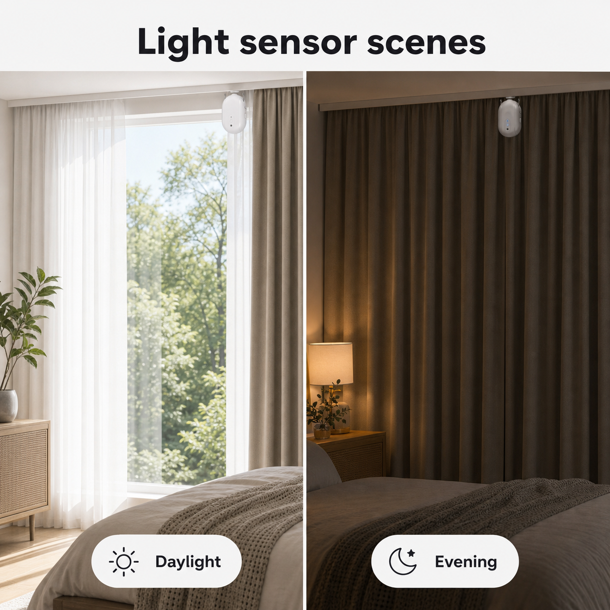Daylight and evening light sensor scenes with smart curtain robot
