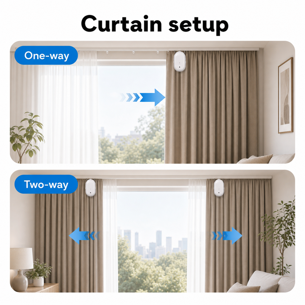 One-way and two-way curtain setup guide for smart curtain robot