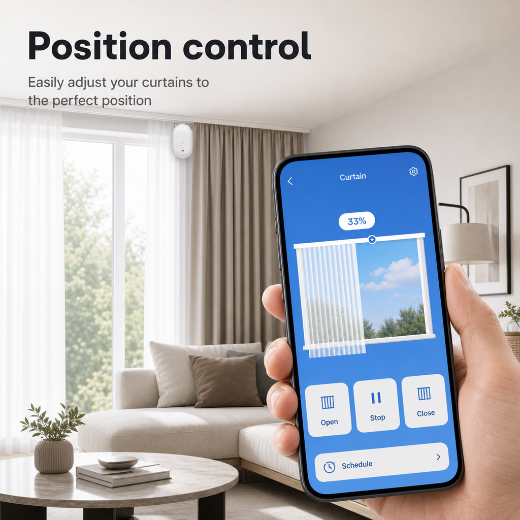 Position control app interface for smart curtain robot in a living room