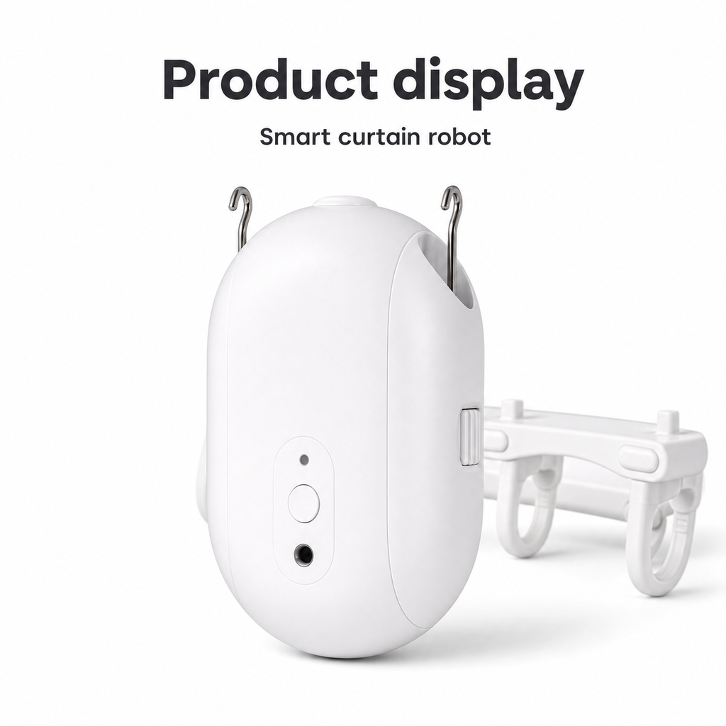 Clean product display packshot of smart curtain robot with accessory