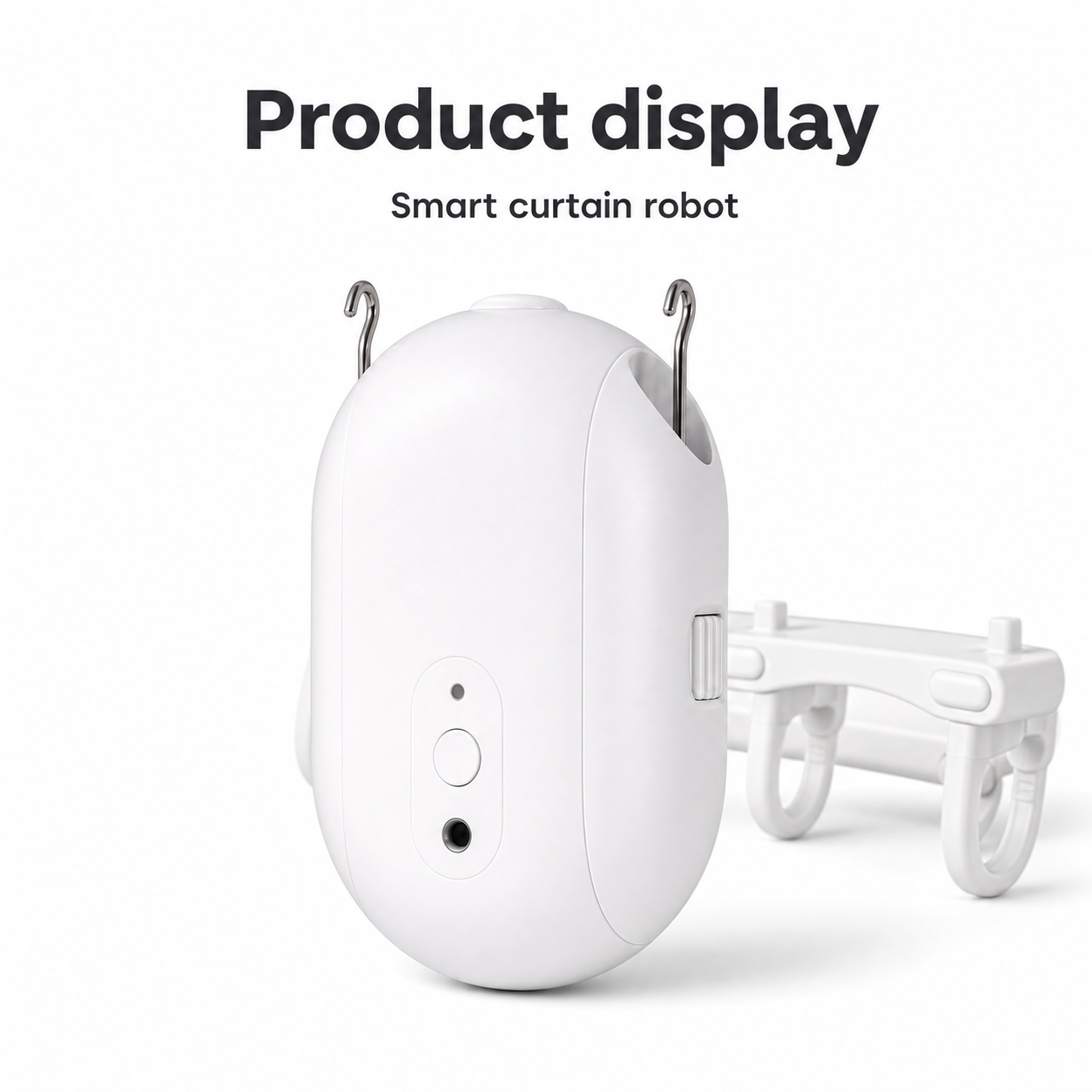 Clean product display packshot of smart curtain robot with accessory